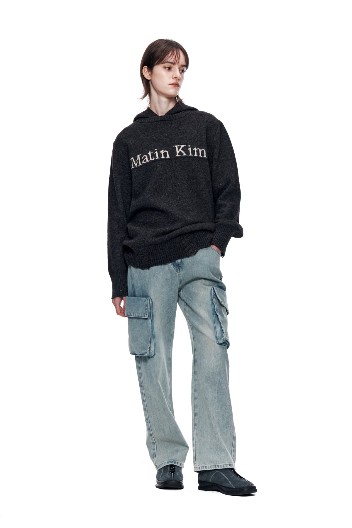 Matin Kim - Damage Logo Knit Hoodie (Charcoal) product image 9 | TRAB K-Fashion Australia