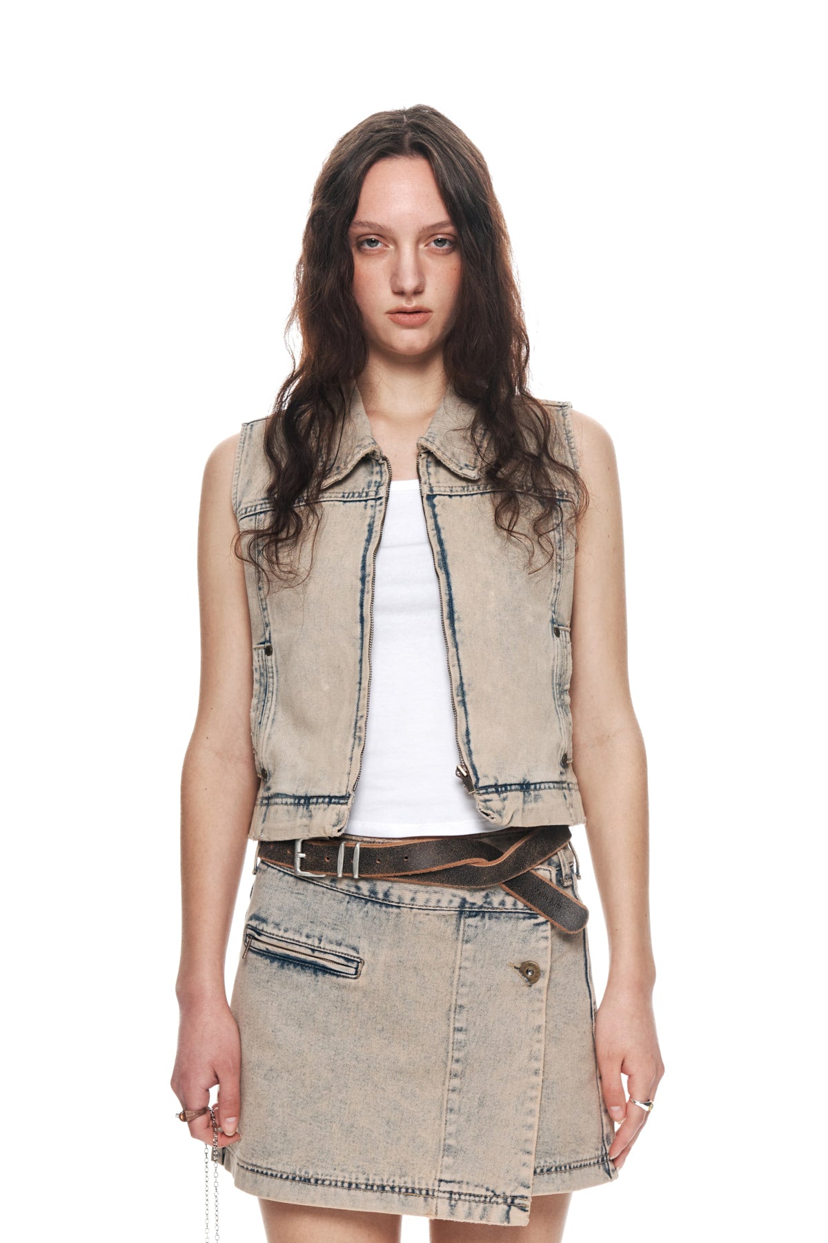 Matin Kim - Slim Zip Up Denim Vest (Beige) product image 10 | TRAB K-Fashion Australia