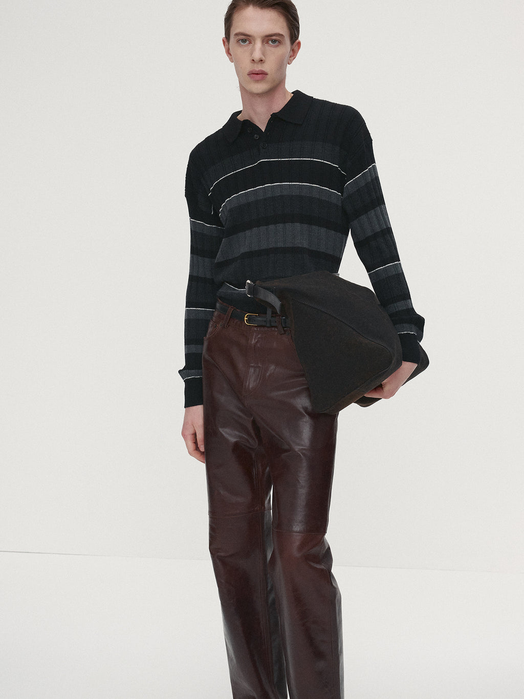 Tonywack - Super Fine Wool Ribbed Stripe Polo Knit (Black/Grey) product image 3 | TRAB K-Fashion Australia