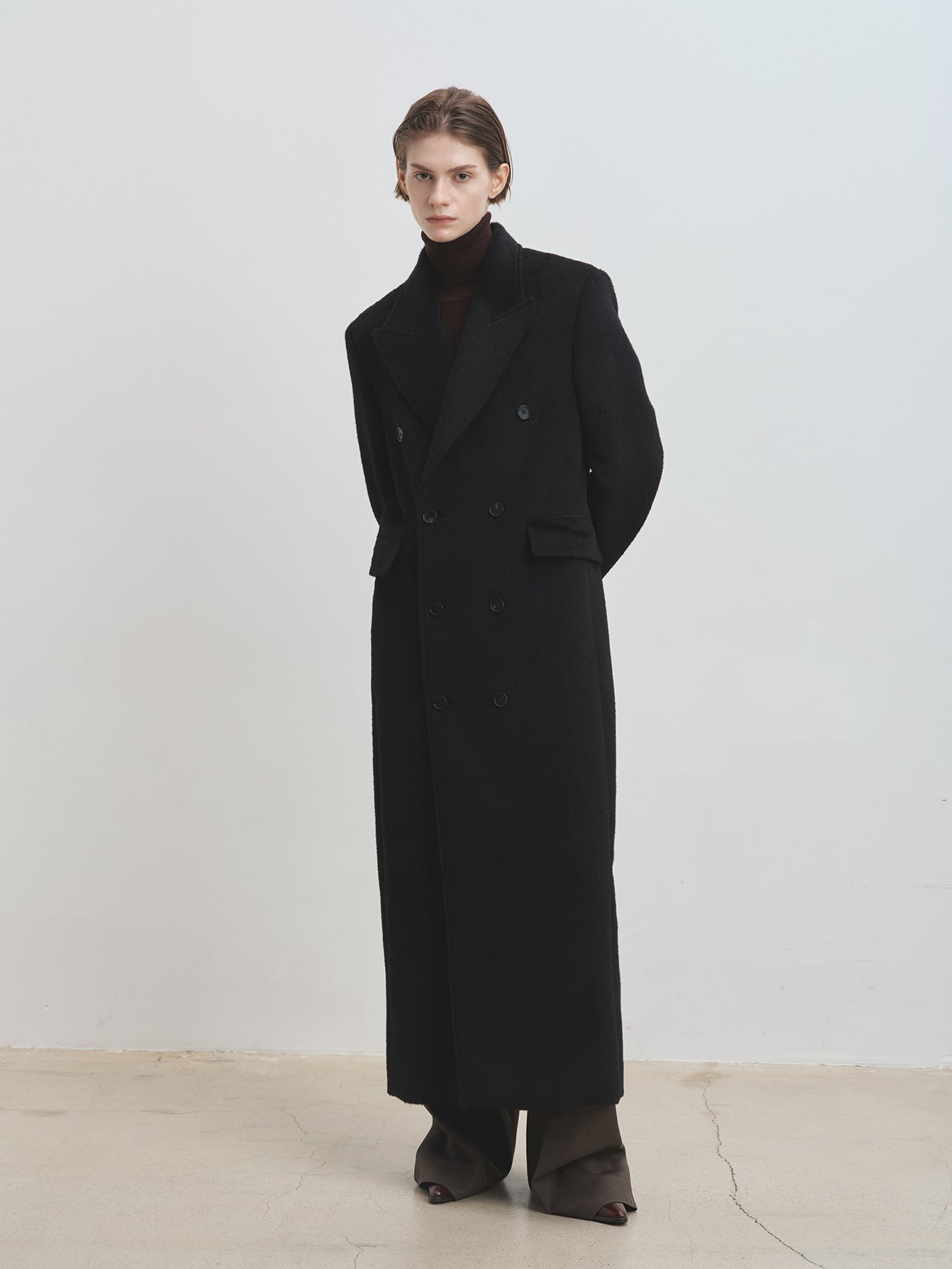 Tonywack - Wool And Alpaca Fitted Double-Breasted Maxi Coat (Black) product image 1 | TRAB K-Fashion Australia