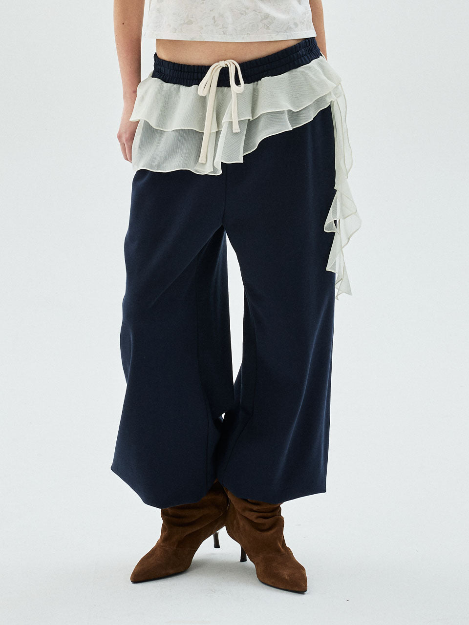 Mardi Mercredi - Chiffon Layered Jogger Pants Frill (Navy) product image 1 | TRAB K-Fashion Australia