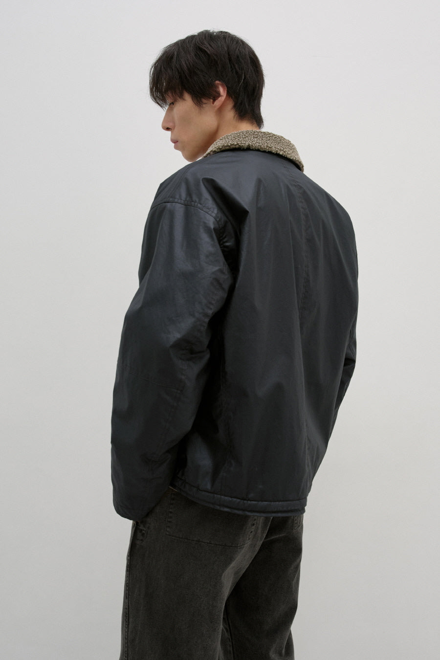 Insilence - Waxed Cotton Shearling Deck Jacket (Black) product image 3 | TRAB K-Fashion Australia