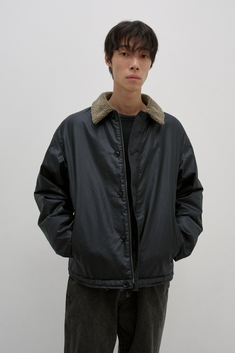 Insilence - Waxed Cotton Shearling Deck Jacket (Black) product image 4 | TRAB K-Fashion Australia