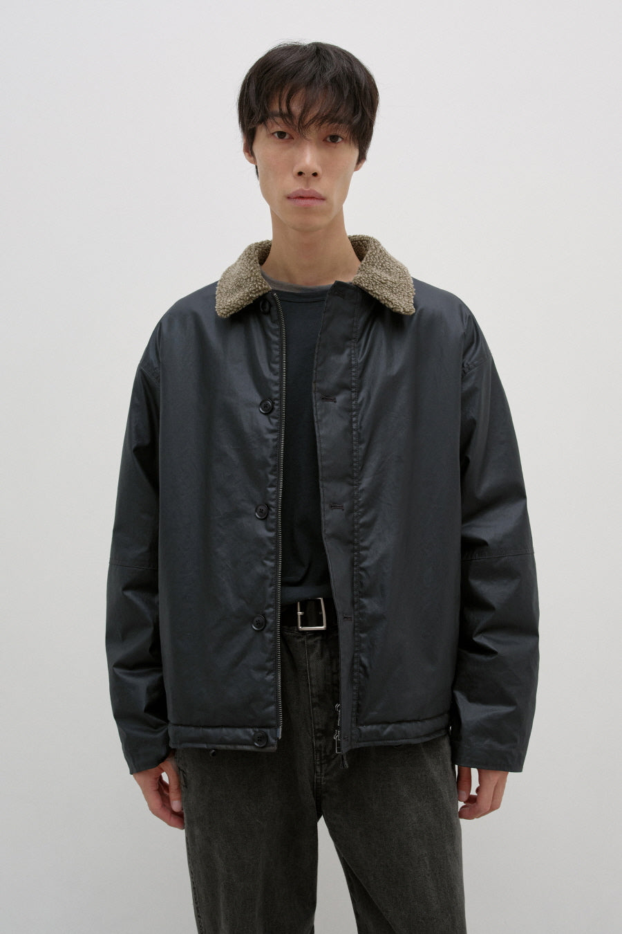 Insilence - Waxed Cotton Shearling Deck Jacket (Black) product image 1 | TRAB K-Fashion Australia