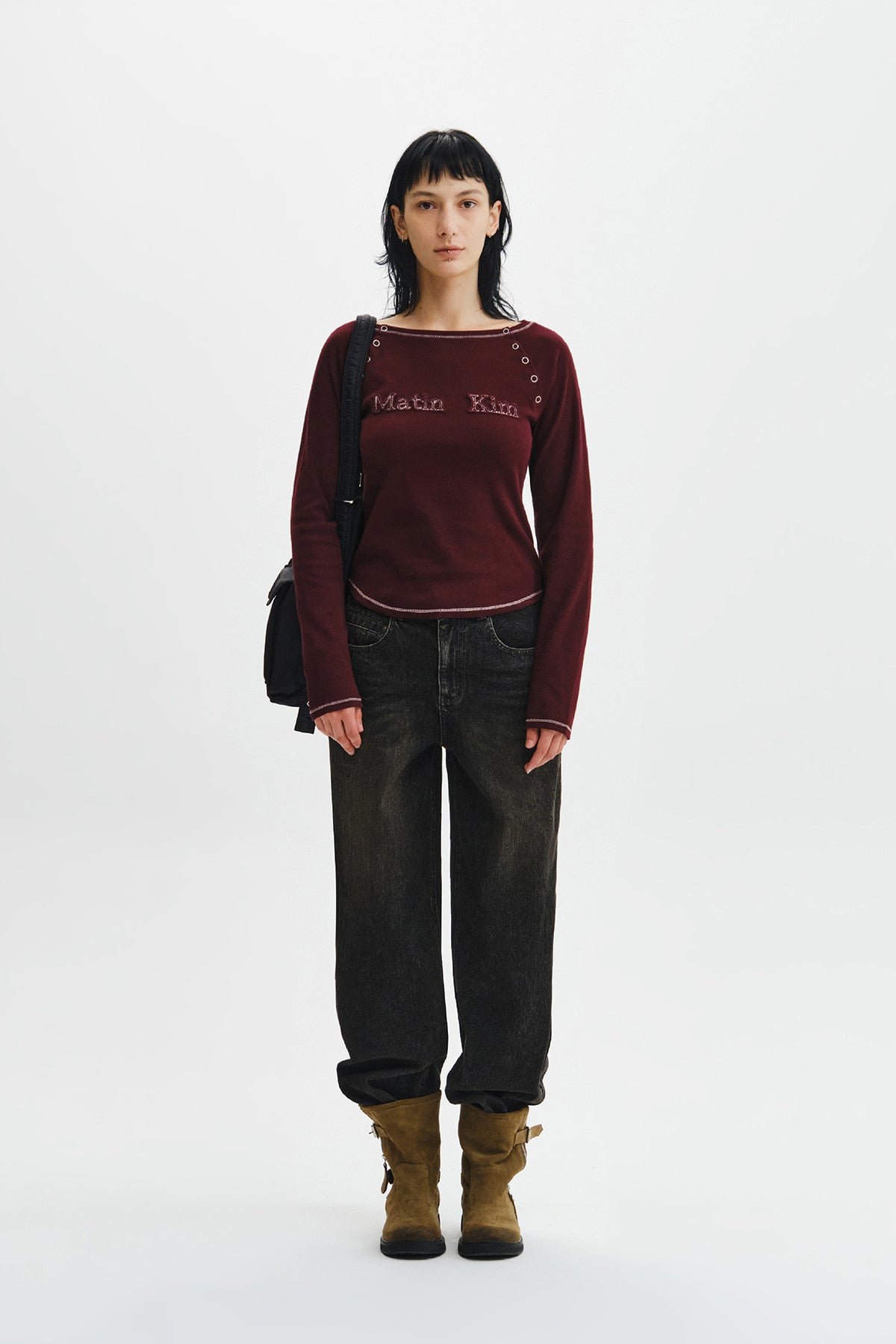 Matin Kim - Logo Applique Button Detail Raglan Top (Wine) product image 7 | TRAB K-Fashion Australia