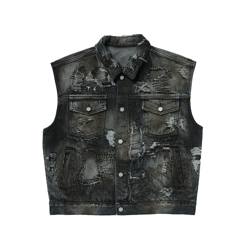 Thug Club - Hard-Washed Damaged Denim Vest (Black) product image 1 | TRAB K-Fashion Australia