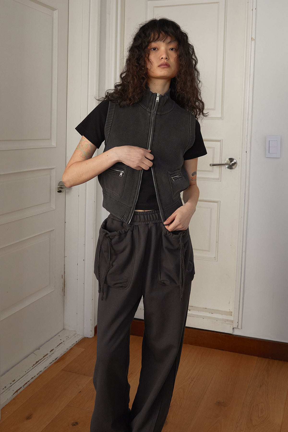 Matin Kim - Logo Point Washed Knit Vest (Charcoal) product image 12 | TRAB K-Fashion Australia