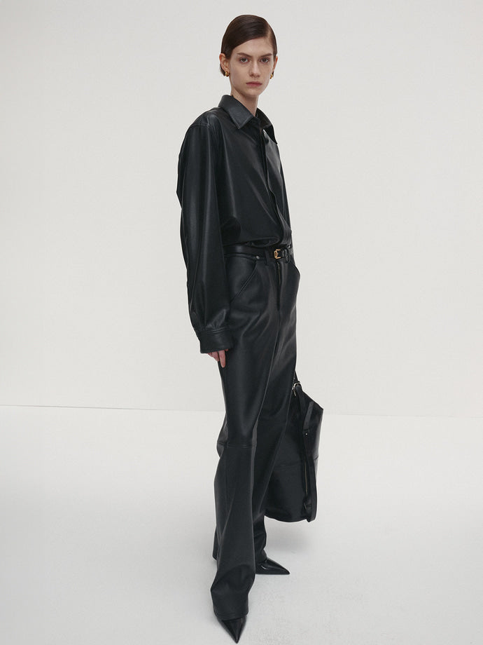 Tonywack - Faux Leather Hidden Button Shirt (Italian Fabric) (Black) product image 1 | TRAB K-Fashion Australia