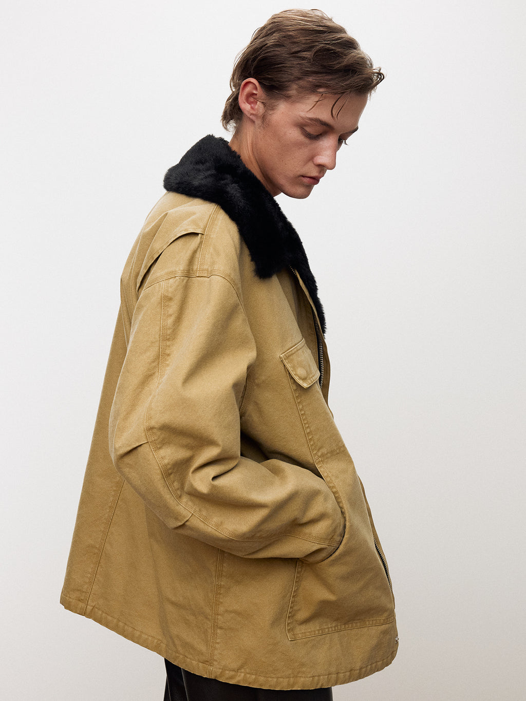Tonywack - Fur Trimmed Garment Washed Chore Jacket (Beige) product image 2 | TRAB K-Fashion Australia