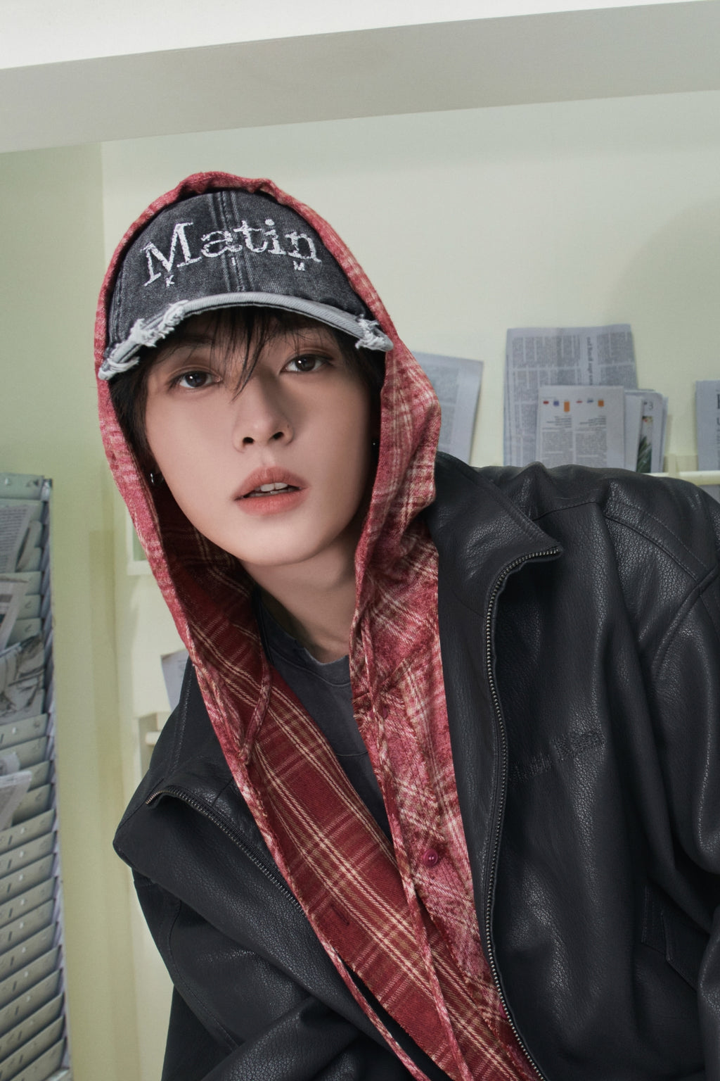 Matin Kim - Raw Cut Check Hooded Shirt (Red) product image 1 | TRAB K-Fashion Australia