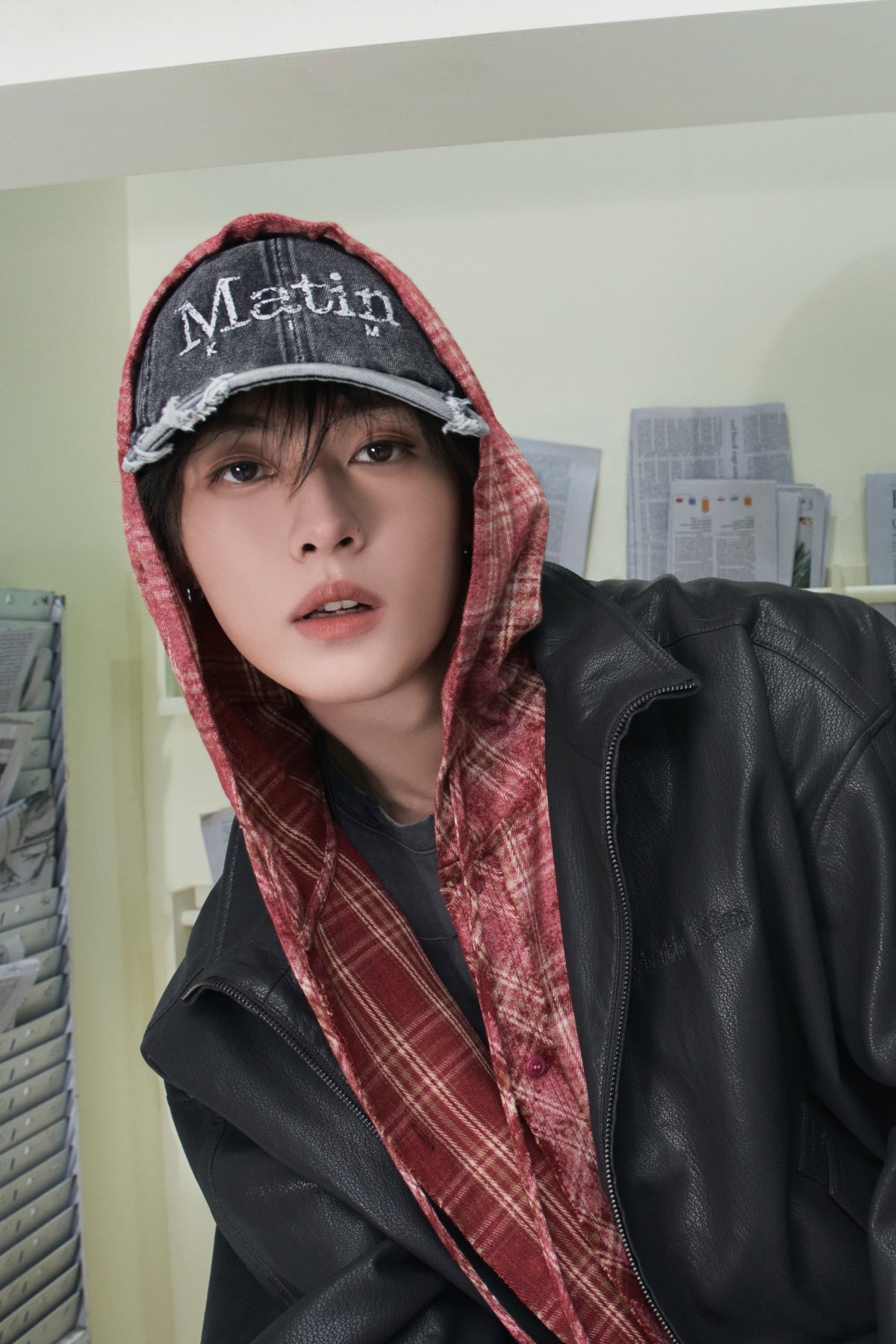 Matin Kim - Raw Cut Check Hooded Shirt (Red) product image 1 | TRAB K-Fashion Australia