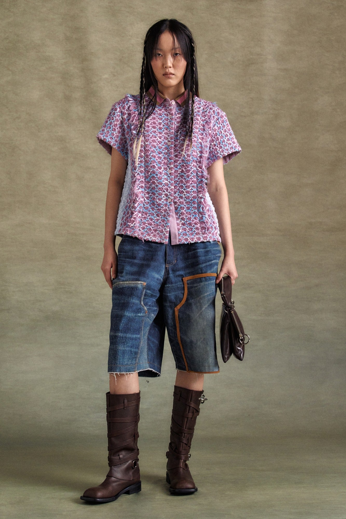 Andersson Bell - Unisex Denim Trompe L`oeil Double Knee Shorts (Blue) product image 1 | TRAB K-Fashion Australia