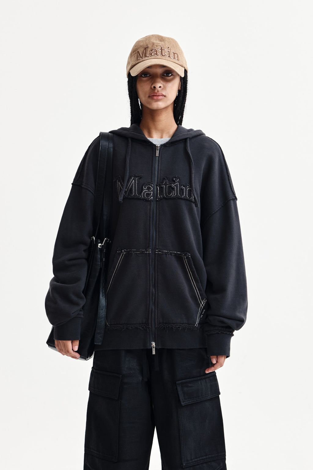 Matin Kim - Raw Cut Applique Hoody Zip Up (Charcoal) product image 1 | TRAB K-Fashion Australia