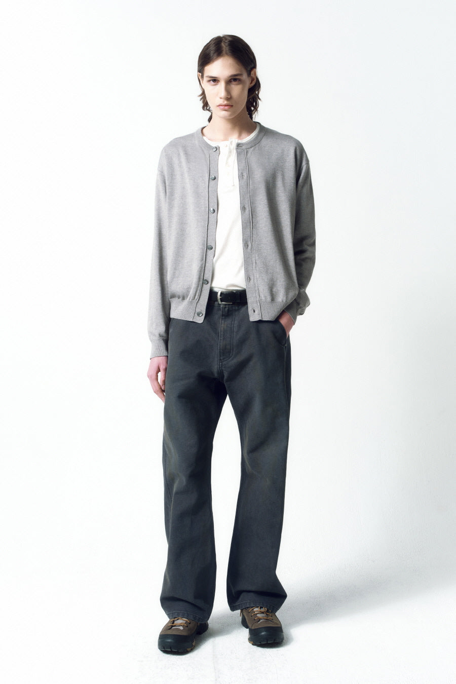 Insilence - Wool Blend Round Neck Cardigan (Melange Grey) product image 1 | TRAB K-Fashion Australia