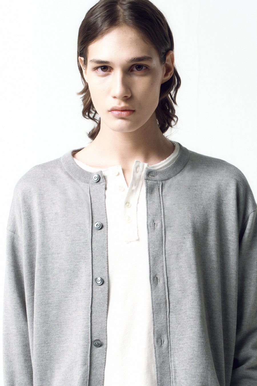 Insilence - Wool Blend Round Neck Cardigan (Melange Grey) product image 2 | TRAB K-Fashion Australia