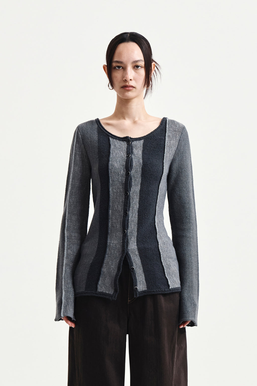 Matin Kim - Color Block Slim Knit Cardigan (Charcoal) product image 6 | TRAB K-Fashion Australia