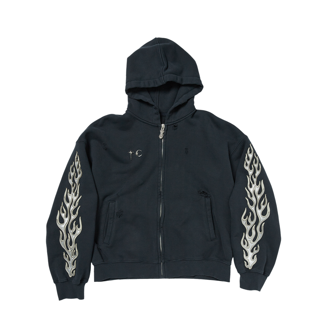 Thug Club - Leather Flame Hooded Zip-Up (Navy) product image 1 | TRAB K-Fashion Australia
