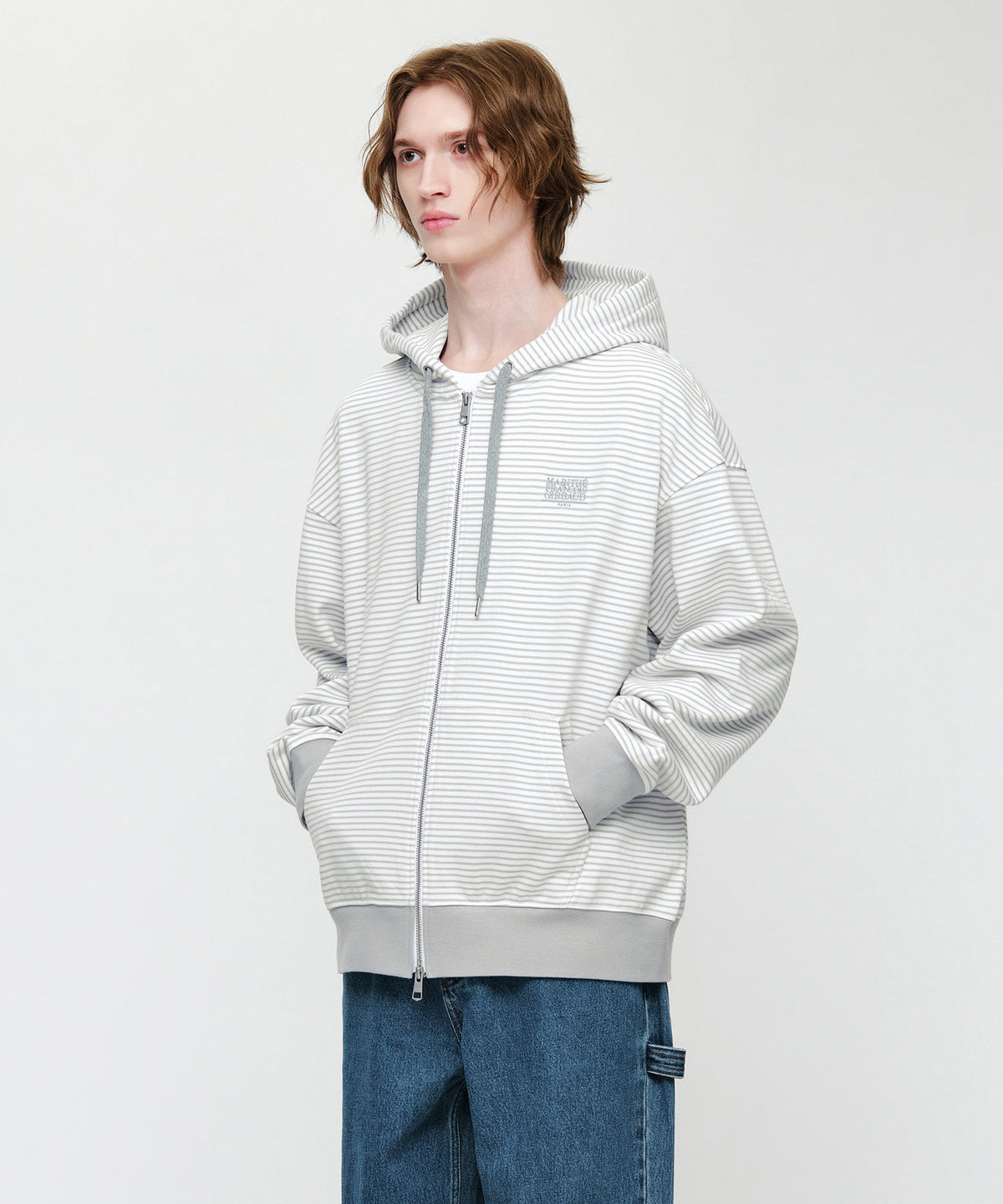 Marithe & Francois Girbaud - Small Classic Logo Stripe Oversized Hoodie Zipup (Light Gray) product image 1 | TRAB K-Fashion Australia