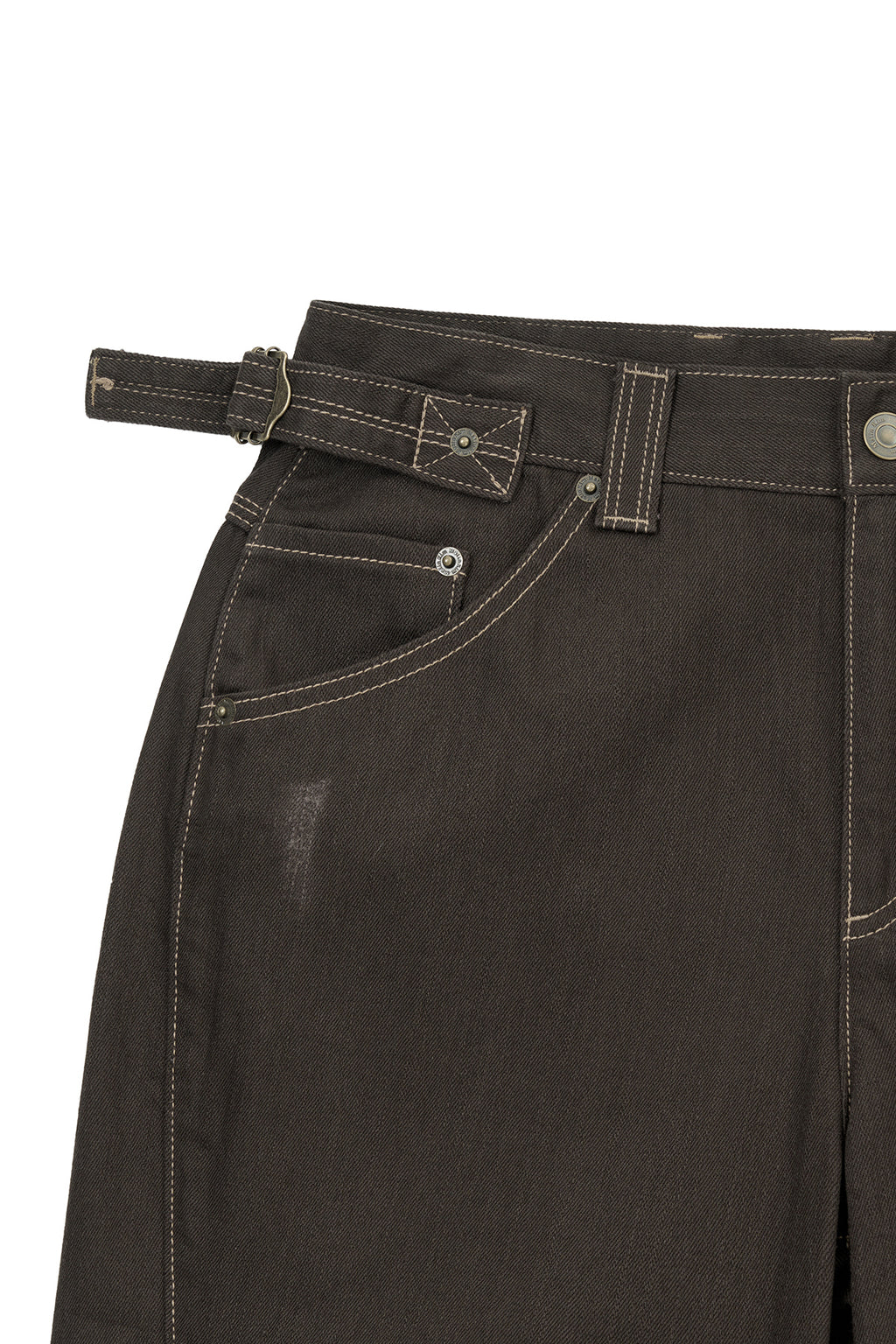 Matin Kim - Waist Buckle Stitch Point Twill Denim Pants (Brown) product image 3 | TRAB K-Fashion Australia