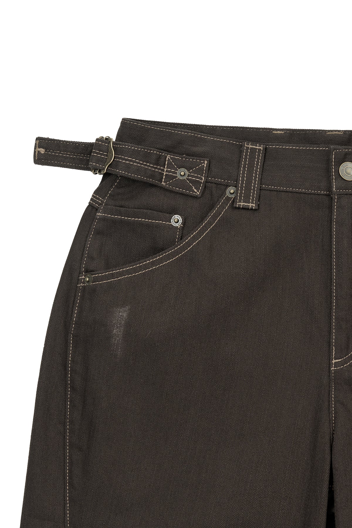 Matin Kim - Waist Buckle Stitch Point Twill Denim Pants (Brown) product image 3 | TRAB K-Fashion Australia