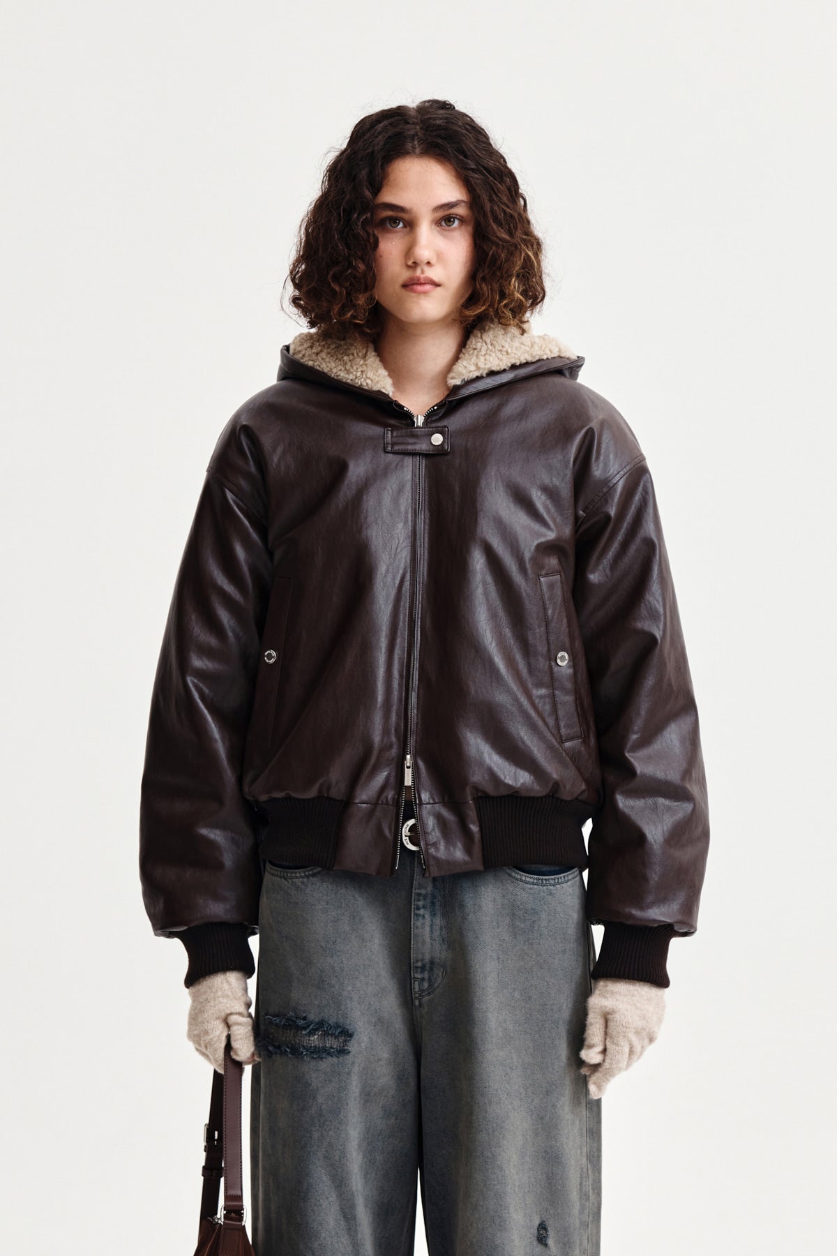 Matin Kim - Faux Leather Zip Up Hoody (Brown) product image 1 | TRAB K-Fashion Australia