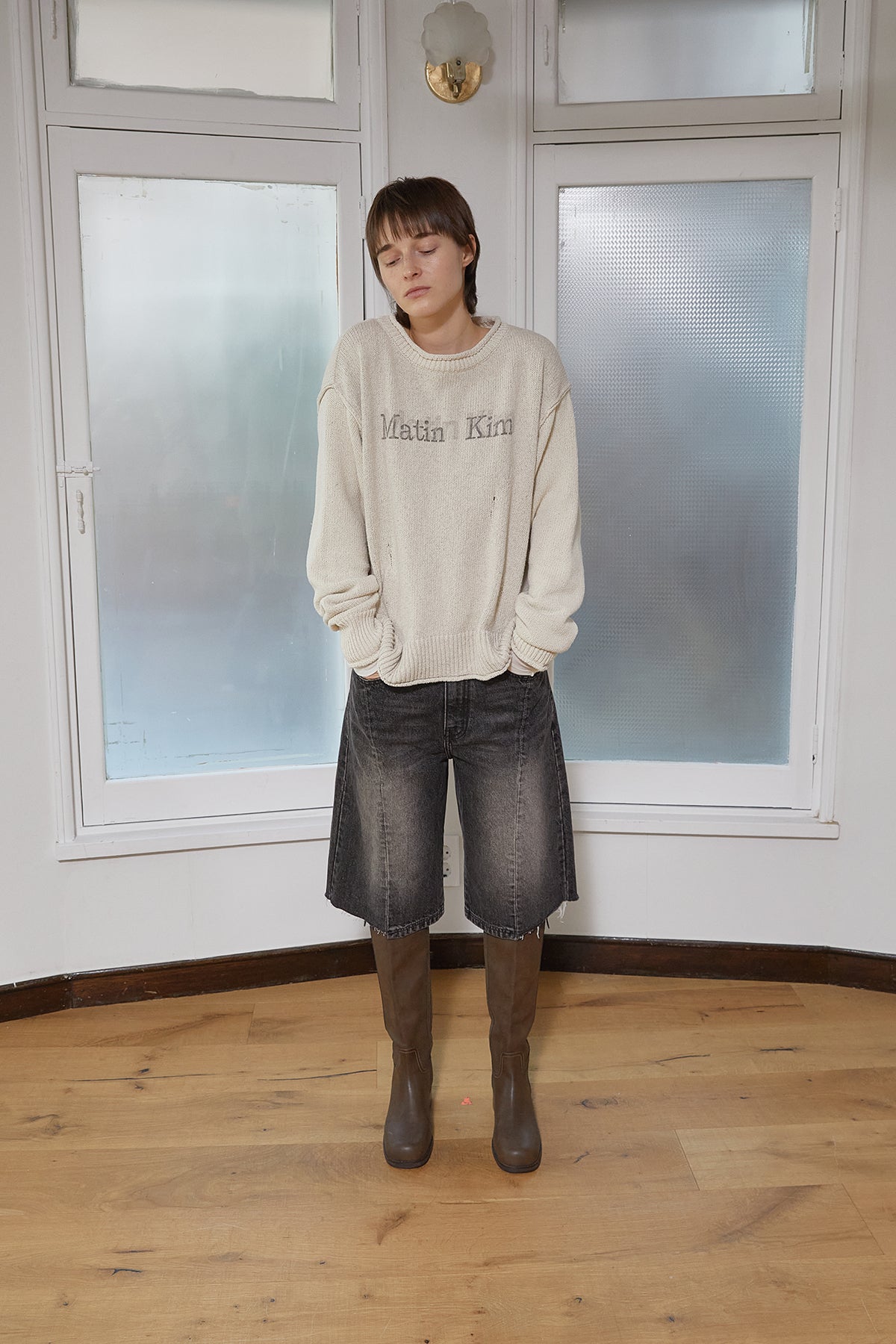 Matin Kim - Crack Logo Vintage Knit Pullover (Beige) product image 9 | TRAB K-Fashion Australia