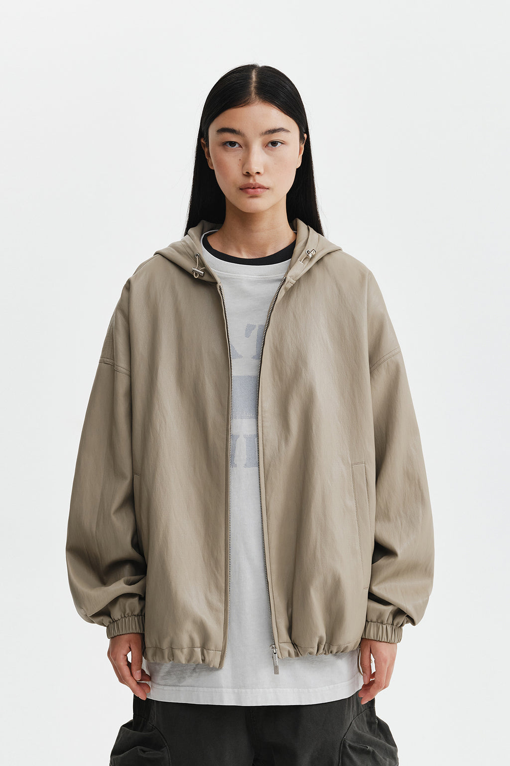 Matin Kim - Faux Leather Applique Logo Hoody Jumper (Beige) product image 11 | TRAB K-Fashion Australia