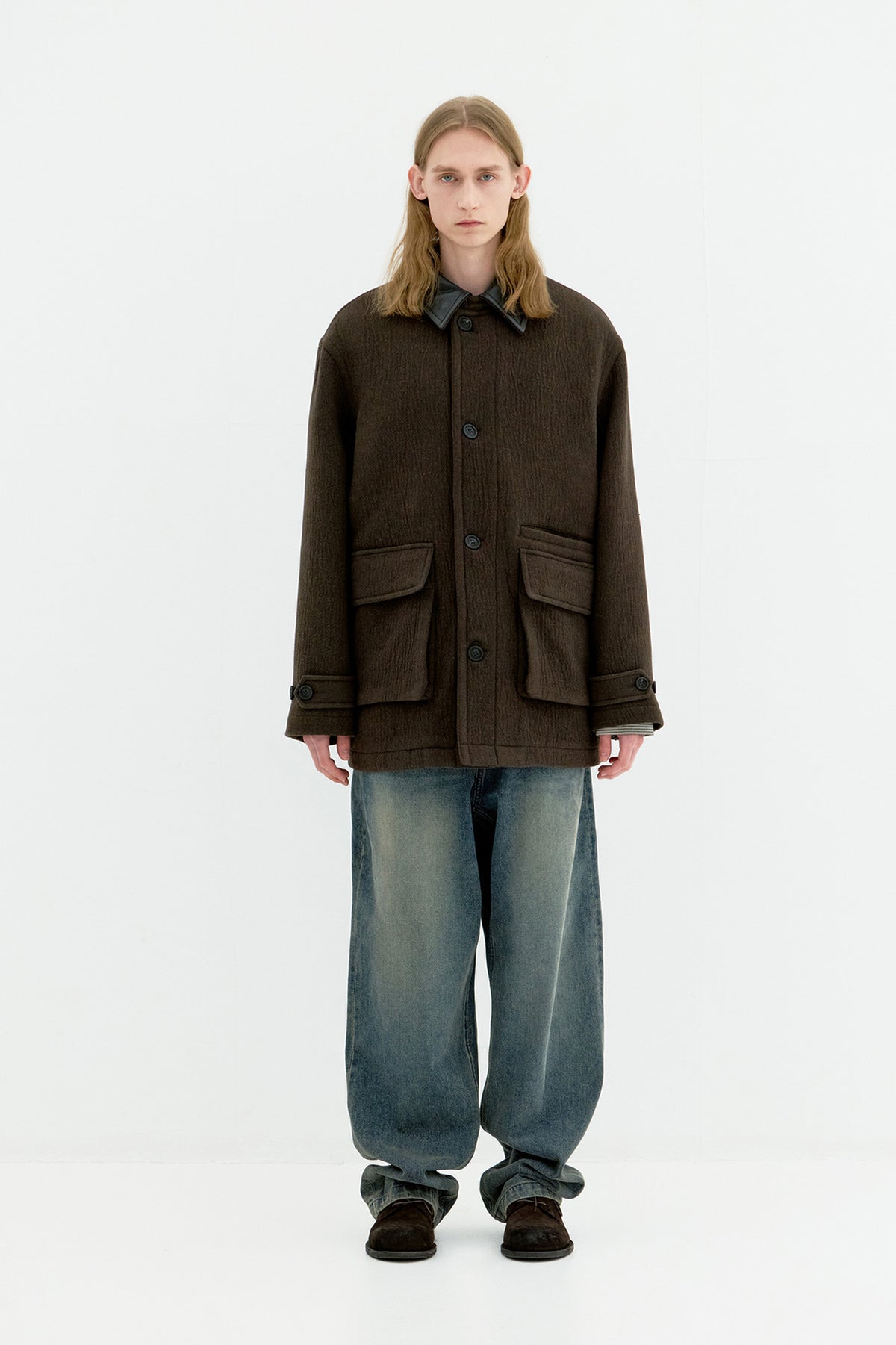 Coor - Trimming Leather Patchwork Coat (Dark Green) product image 2 | TRAB K-Fashion Australia