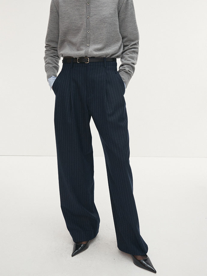 Tonywack - Striped Wool Double-Pleats Wide Trousers (Navy Pinstripe) product image 4 | TRAB K-Fashion Australia