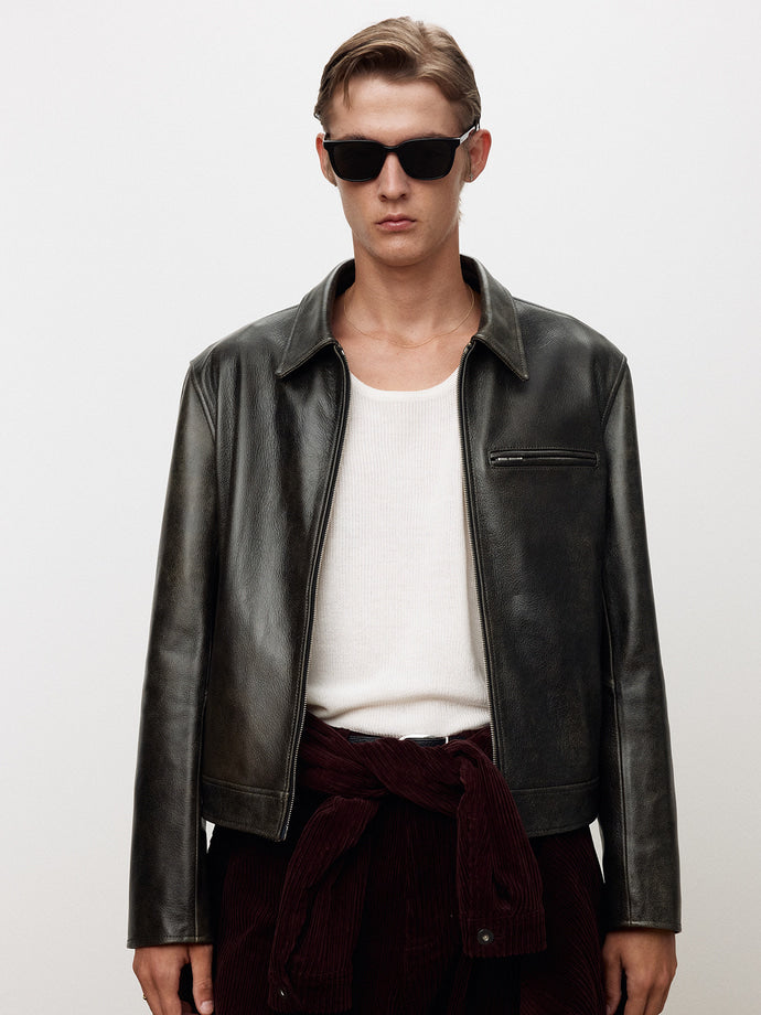 Tonywack - Leather Chest Zip Jacket (Vintage Treatment) (Black) product image 1 | TRAB K-Fashion Australia
