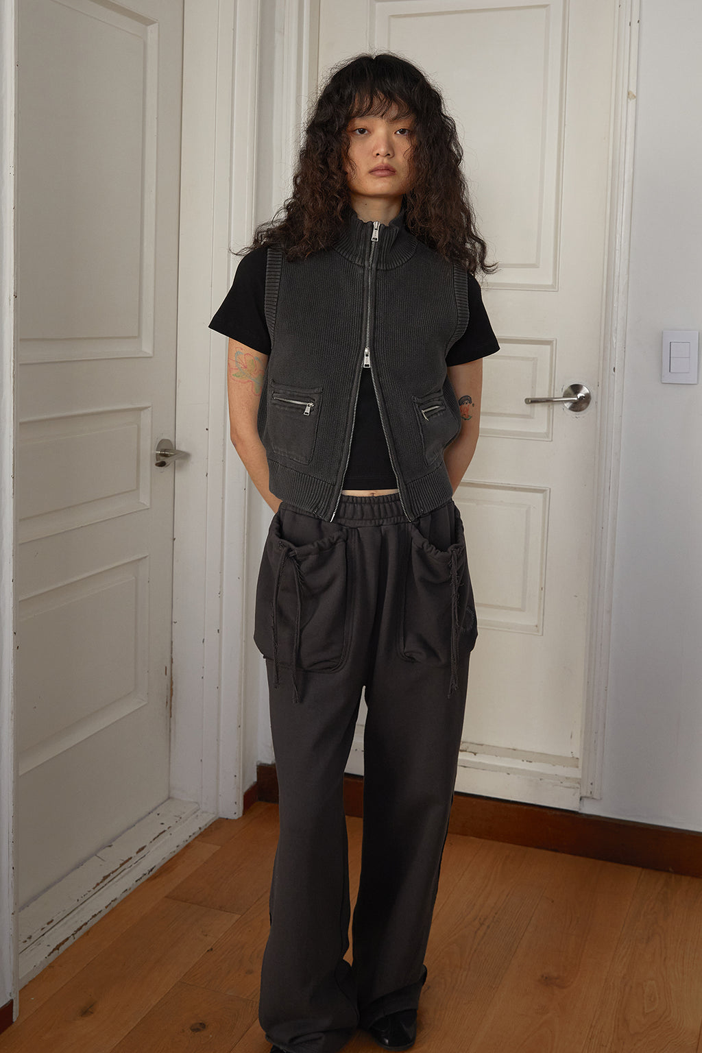 Matin Kim - Logo Point Washed Knit Vest (Charcoal) product image 13 | TRAB K-Fashion Australia