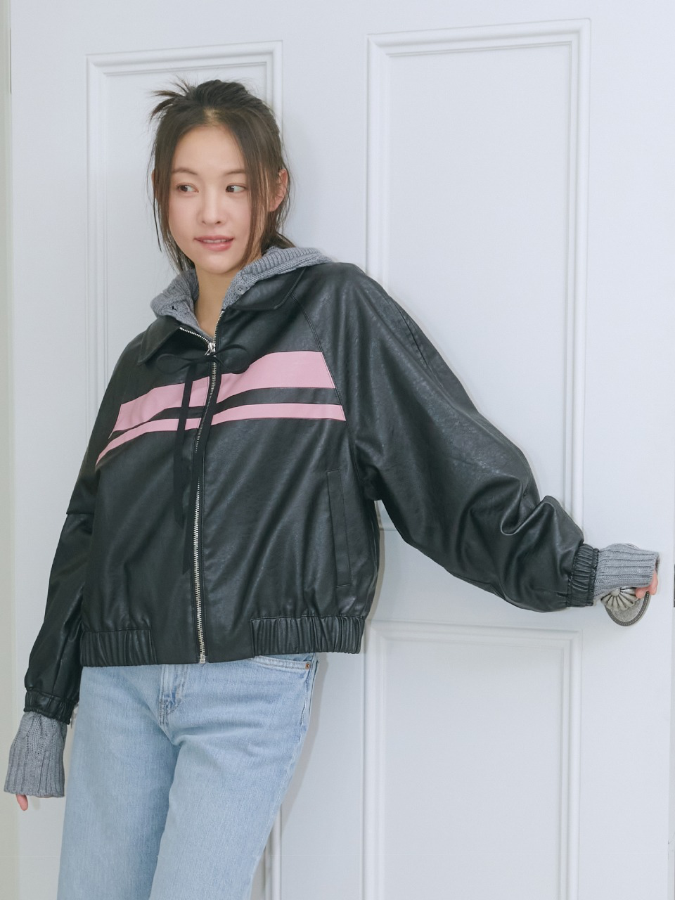 Margarin Fingers - Ribbon Leather Bomber Jacket (Black) product image 1 | TRAB K-Fashion Australia