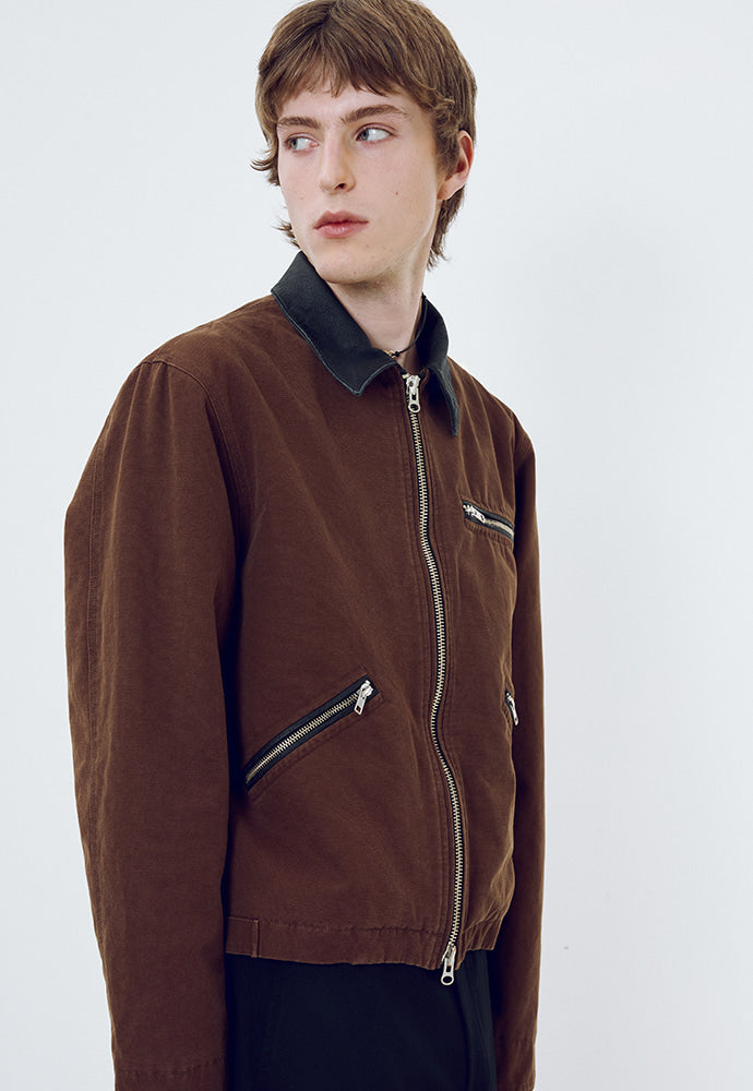 Tonywack - Leather Collar Garment-Washed Zip Work Jacket (Brown) product image 5 | TRAB K-Fashion Australia