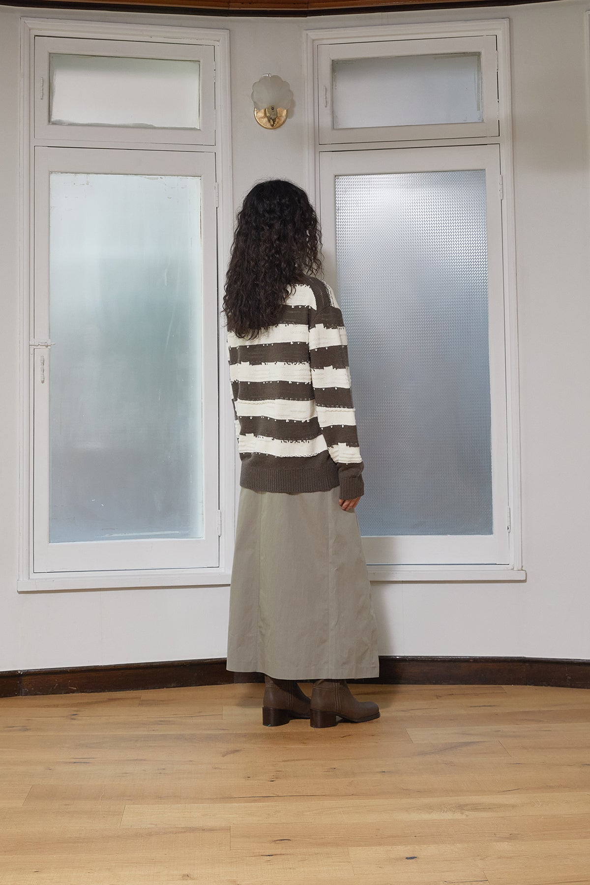 Matin Kim - Stripe Vintage Loose Pullover (Khaki Brown) product image 8 | TRAB K-Fashion Australia