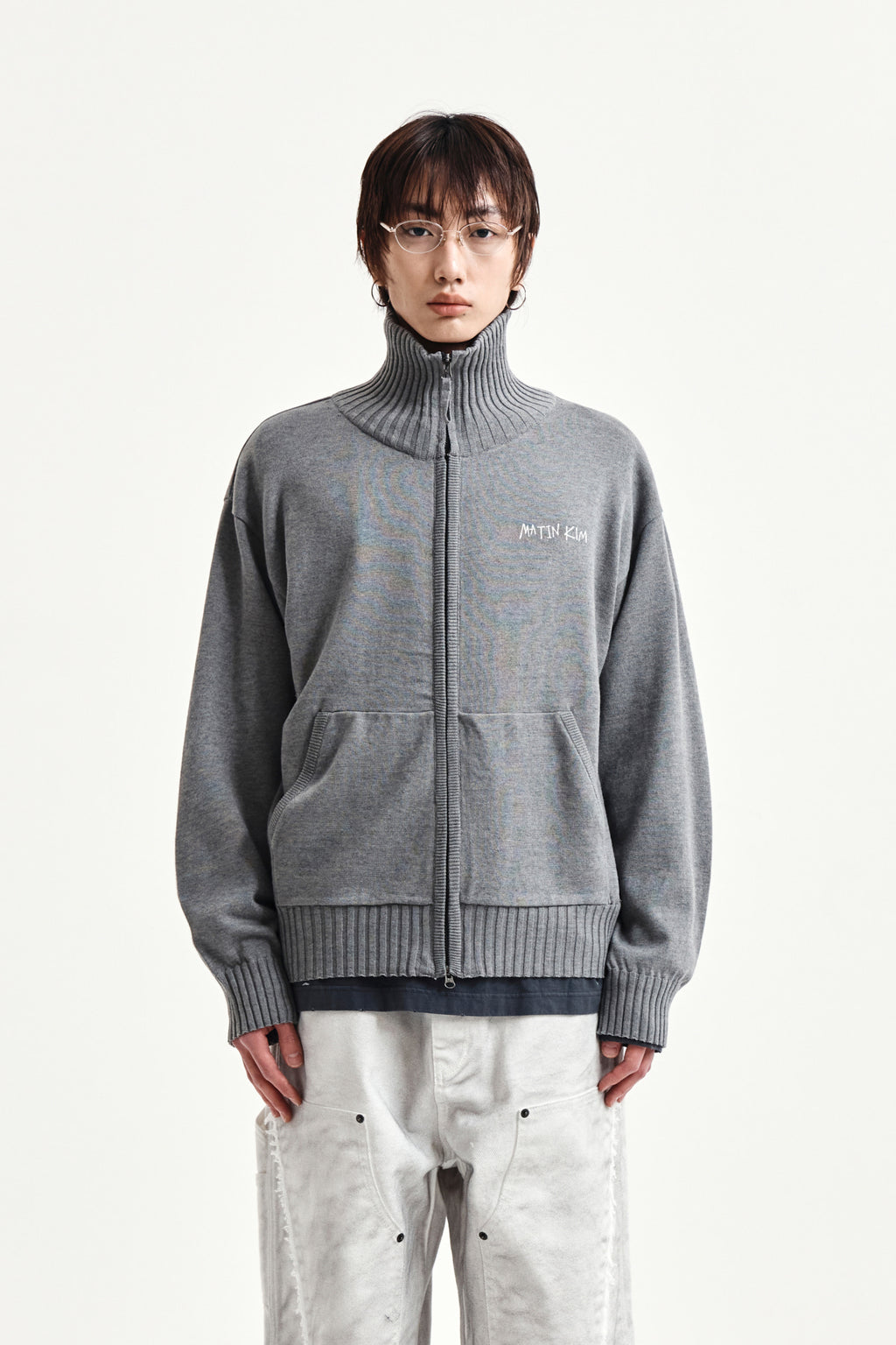 Matin Kim - High Neck Embroidered Logo Zip Up (Grey) product image 5 | TRAB K-Fashion Australia