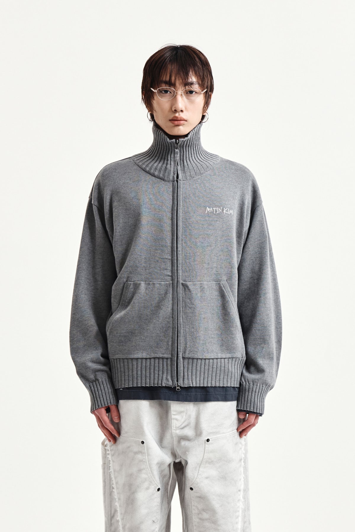 Matin Kim - High Neck Embroidered Logo Zip Up (Grey) product image 5 | TRAB K-Fashion Australia