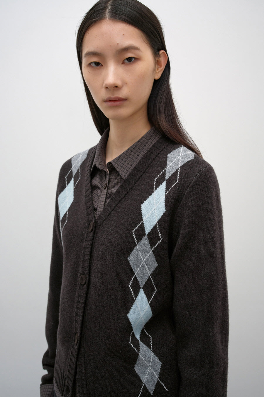 Insilence - Argyle V-Neck Cardigan (Brown) product image 2 | TRAB K-Fashion Australia