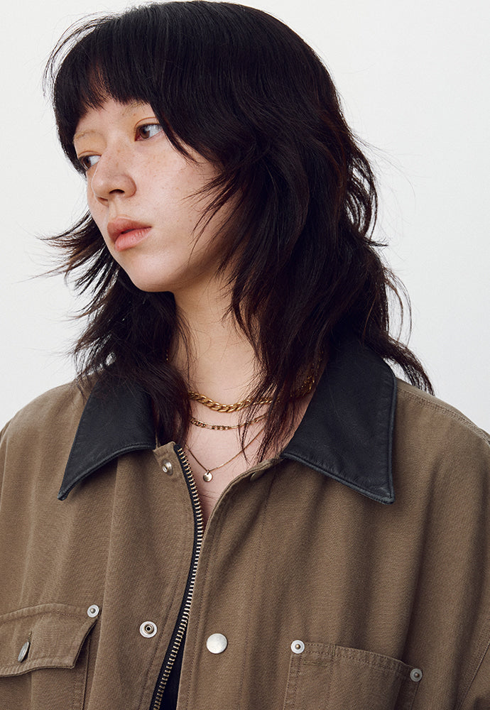 Tonywack - Leather Collar Garment-Washed Utility Jacket (Faded Olive) product image 4 | TRAB K-Fashion Australia