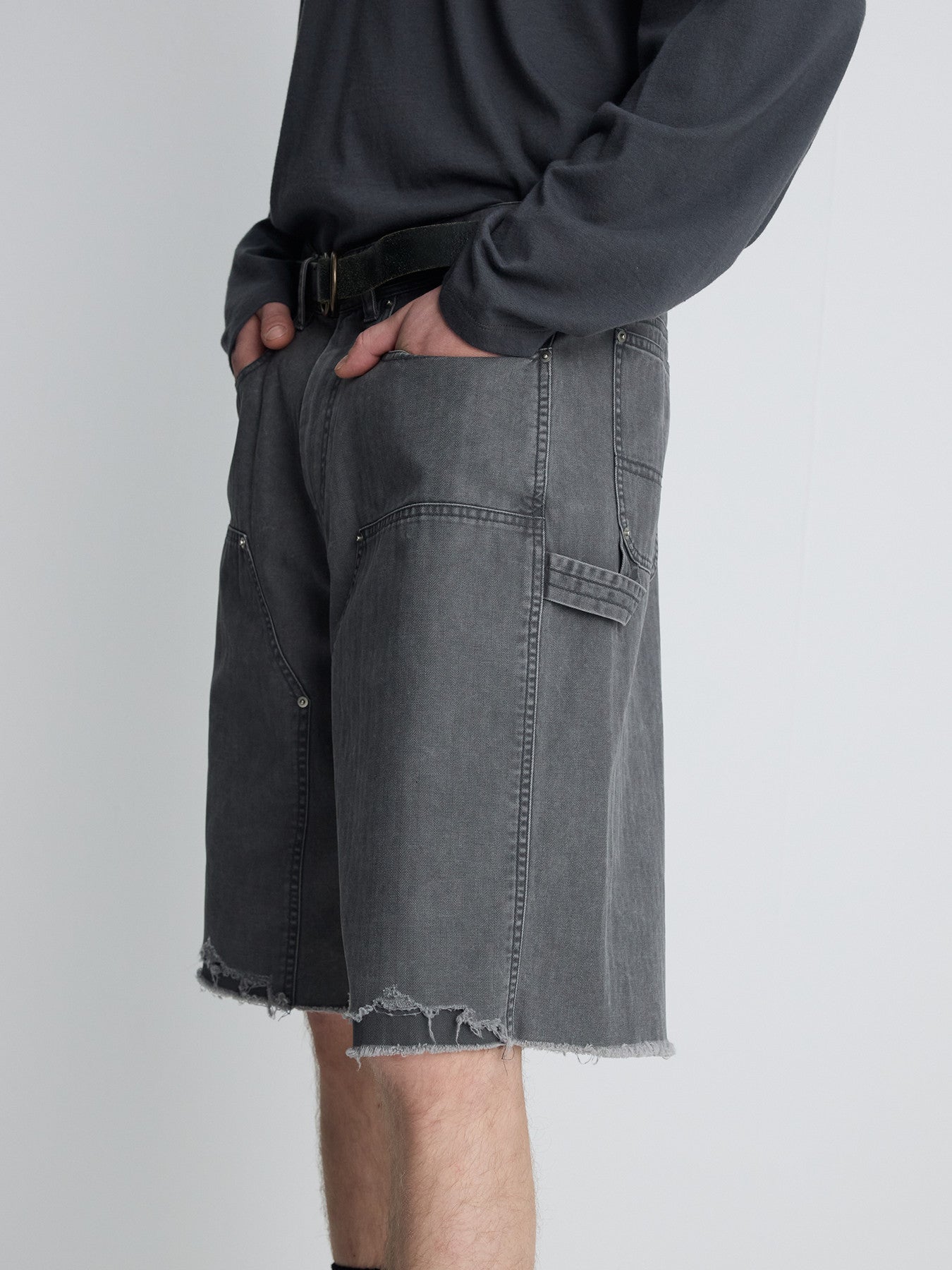 Tonywack - Hand Distressed Hbt Double Knee Shorts (Faded Carbon) product image 5 | TRAB K-Fashion Australia