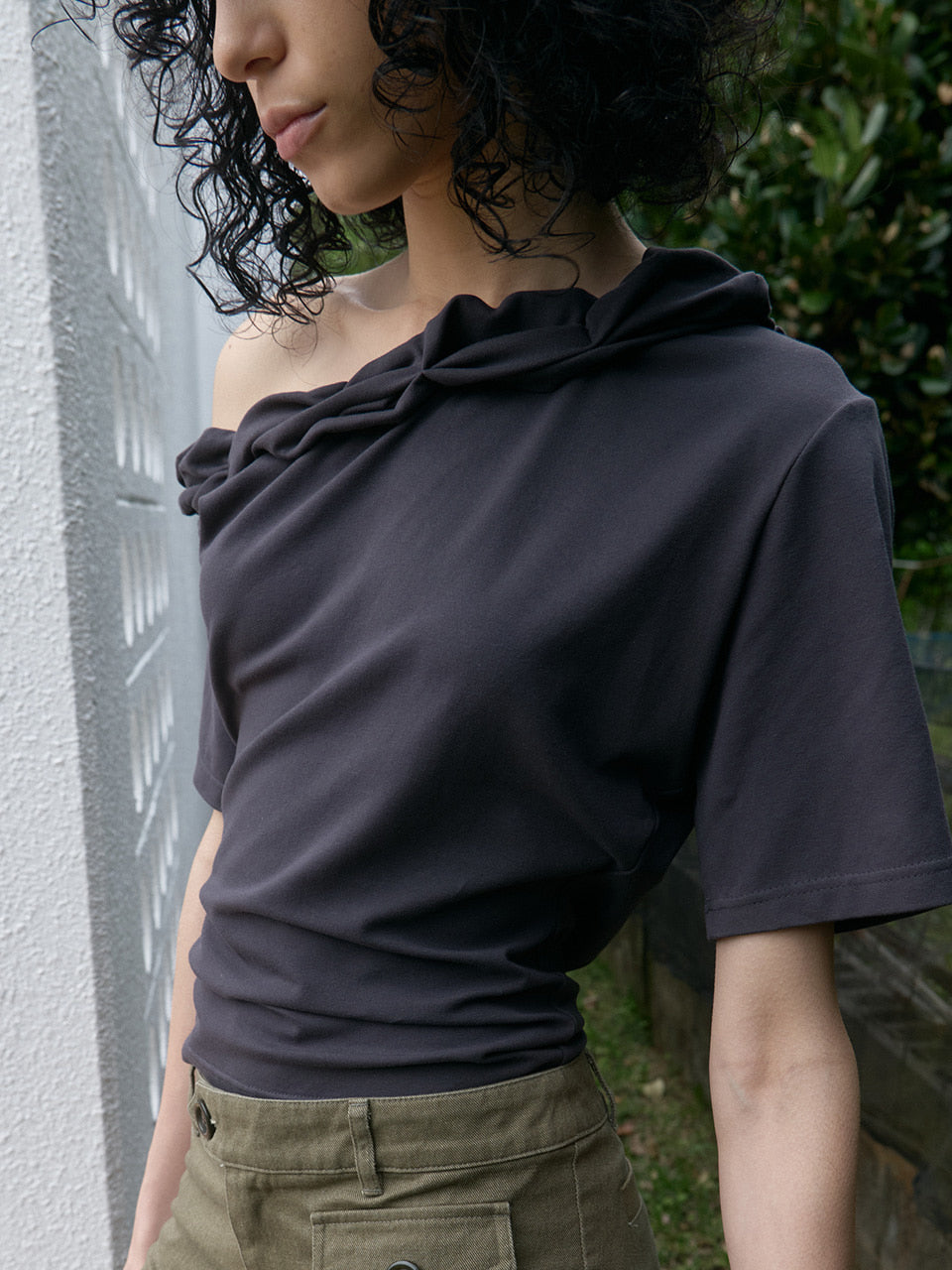 Kijun - Twist One-Shoulder Top (Charcoal) product image 1 | TRAB K-Fashion Australia