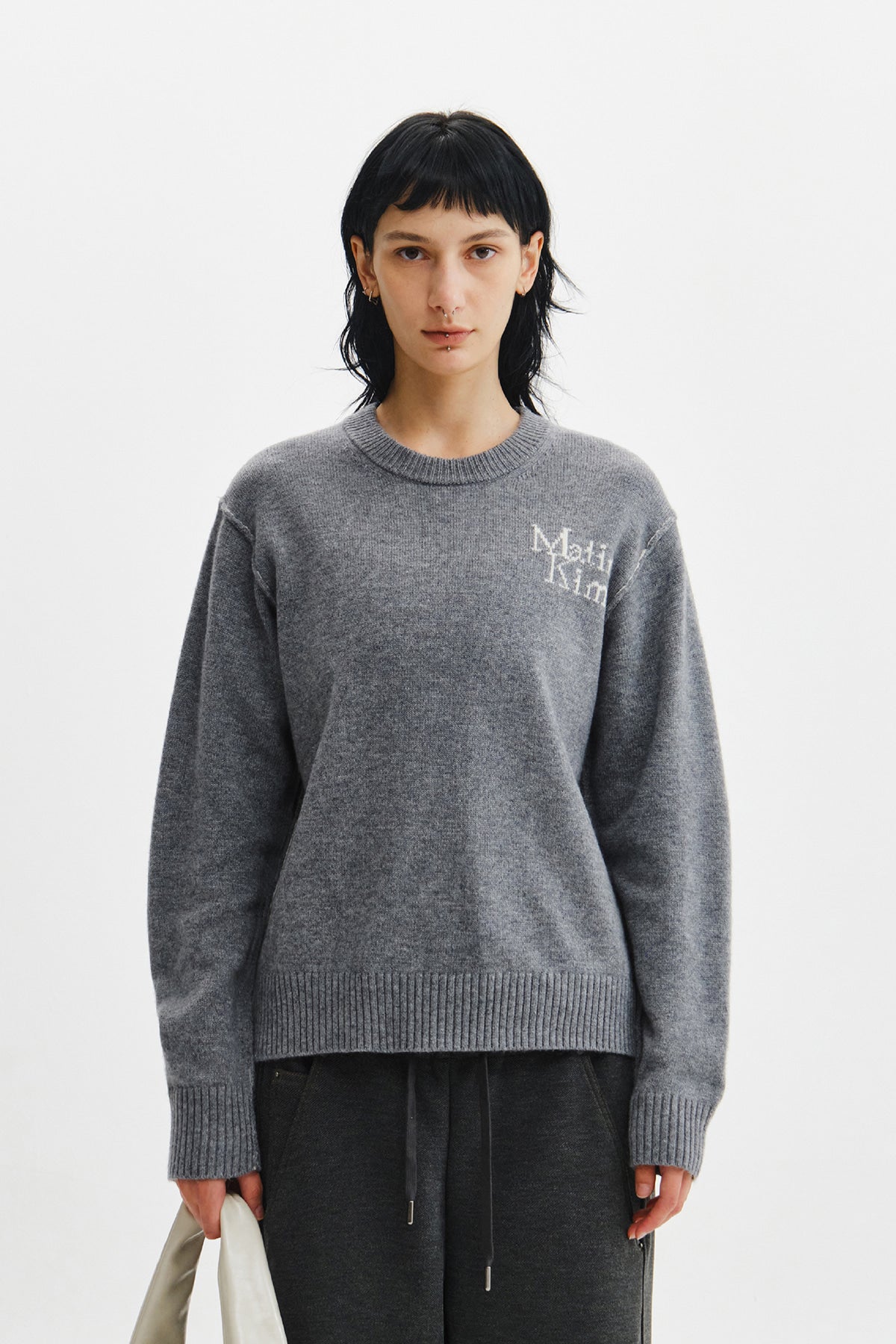 Matin Kim - Grid Logo Cashmere Blended Knit Pullover (Grey) product image 6 | TRAB K-Fashion Australia