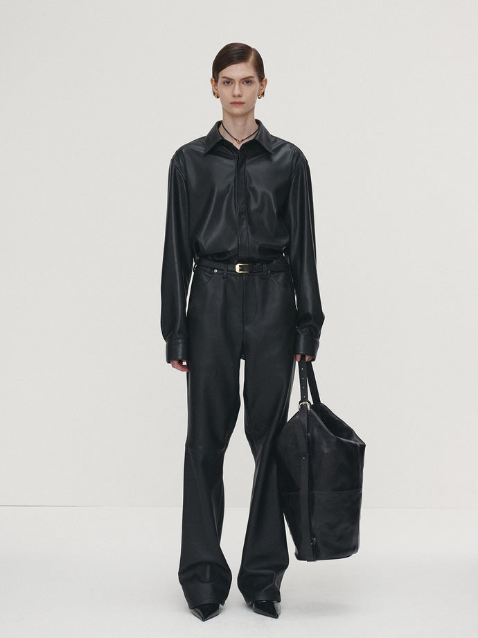 Tonywack - Faux Leather Hidden Button Shirt (Italian Fabric) (Black) product image 2 | TRAB K-Fashion Australia