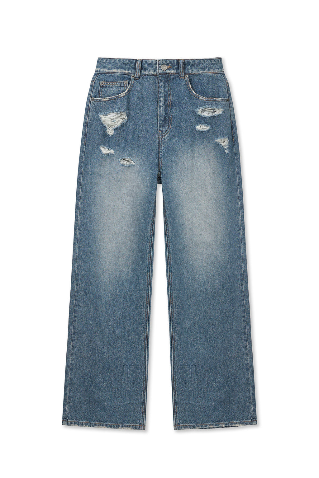 Matin Kim - Back Pocket Patch Destroyed Denim Pants (Blue) product image 1 | TRAB K-Fashion Australia