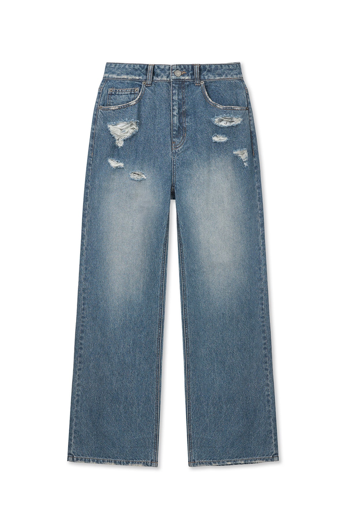 Matin Kim - Back Pocket Patch Destroyed Denim Pants (Blue) product image 1 | TRAB K-Fashion Australia