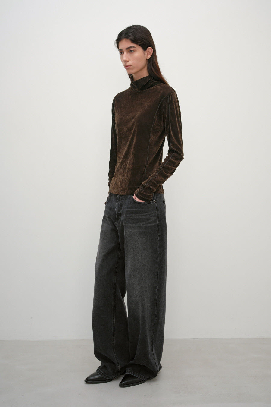 Insilence - Velvet Mesh Turtleneck T-Shirt (Brown) product image 4 | TRAB K-Fashion Australia