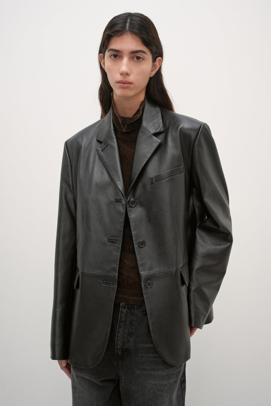 Insilence - Classic Three-Button Jacket (Leather Black) product image 1 | TRAB K-Fashion Australia