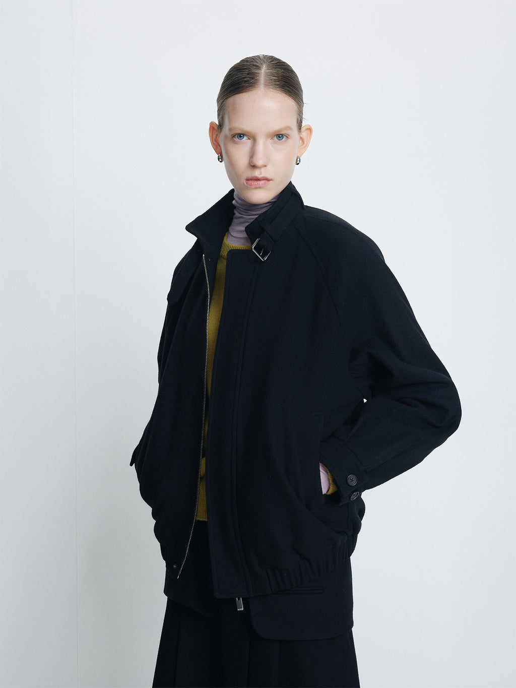 Tonywack - Wool Flannel Belted Stand Collar Bomber (Black) product image 1 | TRAB K-Fashion Australia