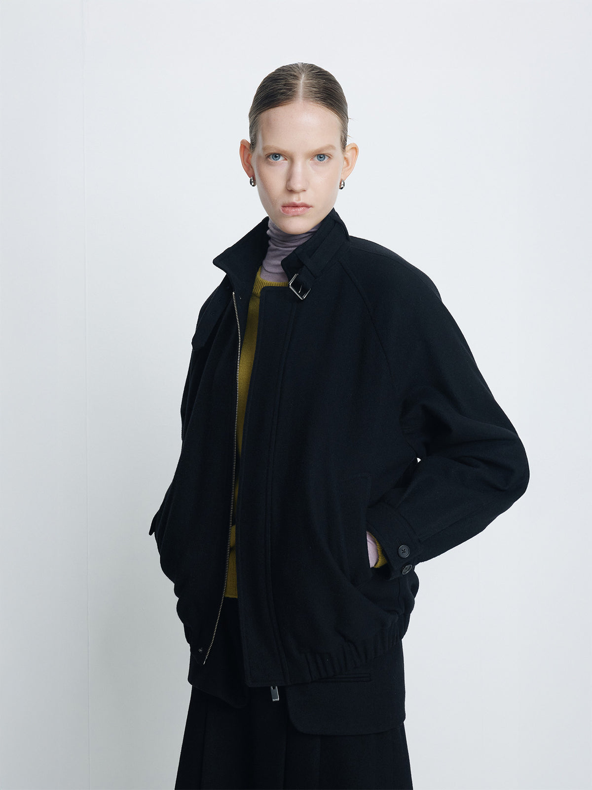 Tonywack - Wool Flannel Belted Stand Collar Bomber (Black) product image 1 | TRAB K-Fashion Australia