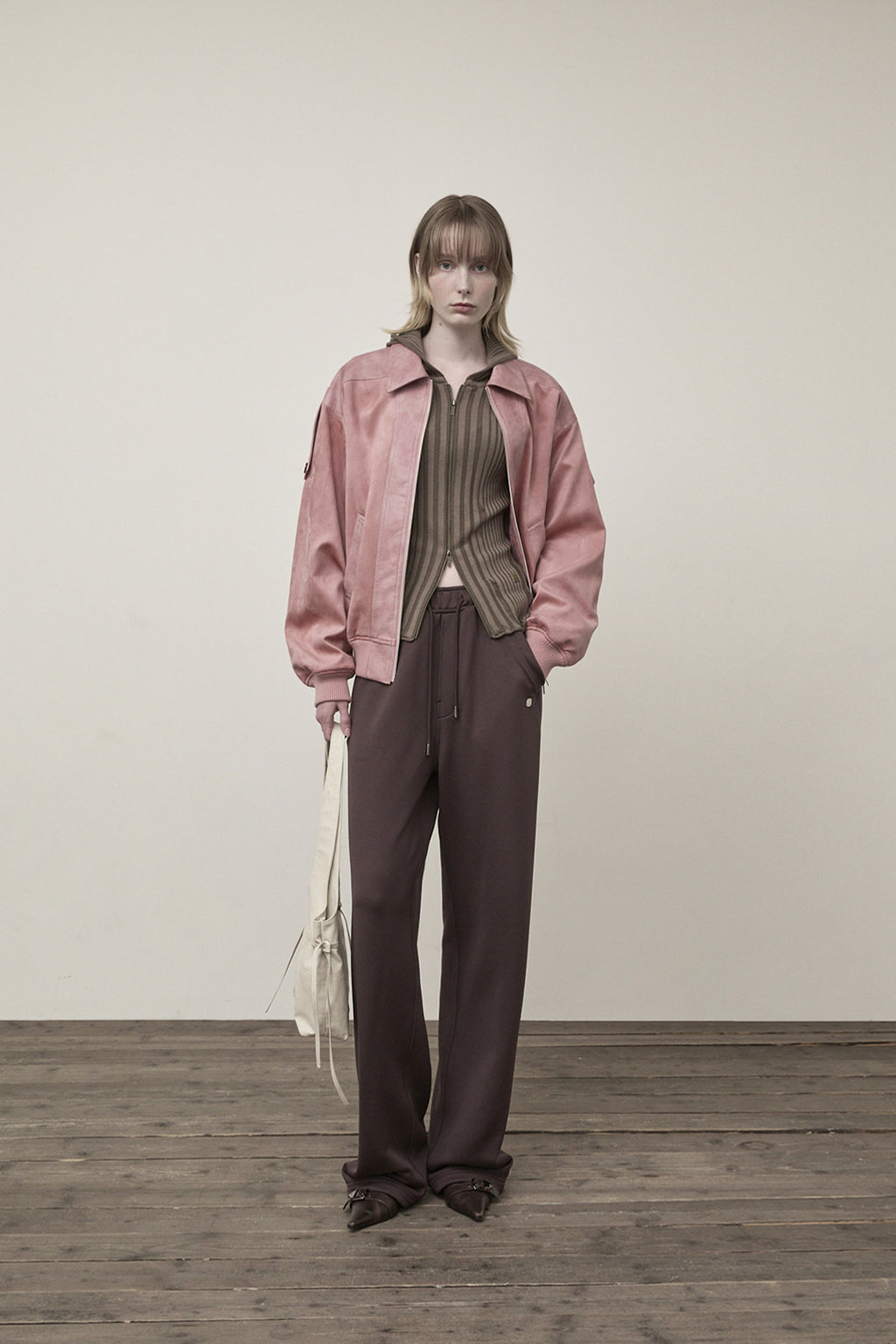 Matin Kim - Suede Mix Leather Zip Up Jumper (Pink) product image 9 | TRAB K-Fashion Australia