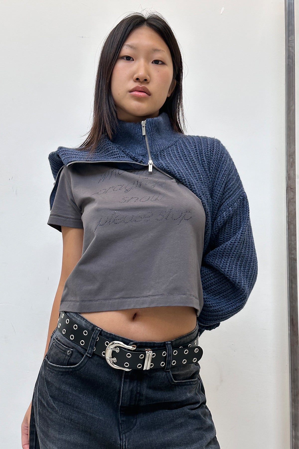 Matin Kim - Glitter Print Lettering Top (Charcoal) product image 6 | TRAB K-Fashion Australia